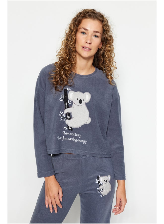 trendyol - Gray Fleece Koala Pattern Tshirt-Pants and Knitted Pajamas Set THMAW24PT00028. - Image 1