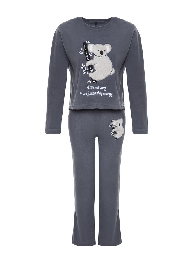 trendyol - Gray Fleece Koala Pattern Tshirt-Pants and Knitted Pajamas Set THMAW24PT00028. - Image 1