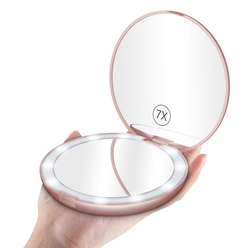 Benbilry LED Lighted Compact Travel Makeup Mirror with Lights, 1x/7x Magnification, 5 Inch Dual Sided Portable Illuminated – Perfect for Handbag - Image 1