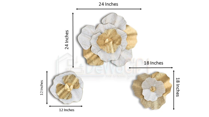 DeWoGift White & Gold Floral Metal Wall Art Set of 3 | Wall Décor for Living Room Bedroom Office Hotel or Restaurant | Premium Handcrafted Wall Sculpture Decoration - Image 2