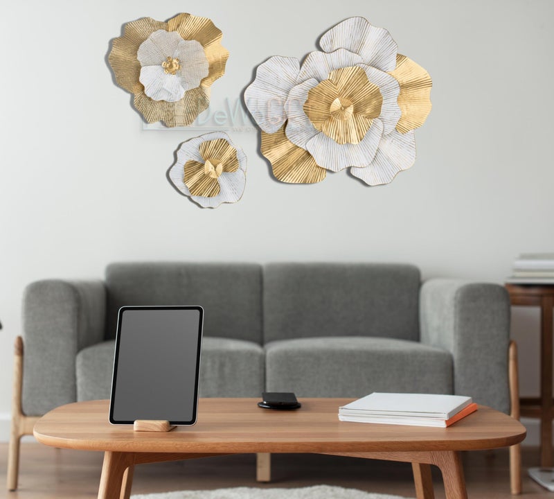 DeWoGift White & Gold Floral Metal Wall Art Set of 3 | Wall Décor for Living Room Bedroom Office Hotel or Restaurant | Premium Handcrafted Wall Sculpture Decoration - Image 3