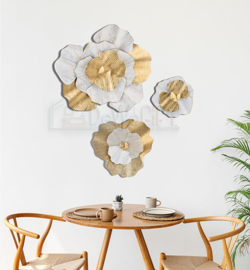 DeWoGift White & Gold Floral Metal Wall Art Set of 3 | Wall Décor for Living Room Bedroom Office Hotel or Restaurant | Premium Handcrafted Wall Sculpture Decoration - Image 5