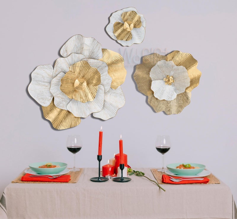 DeWoGift White & Gold Floral Metal Wall Art Set of 3 | Wall Décor for Living Room Bedroom Office Hotel or Restaurant | Premium Handcrafted Wall Sculpture Decoration - Image 4