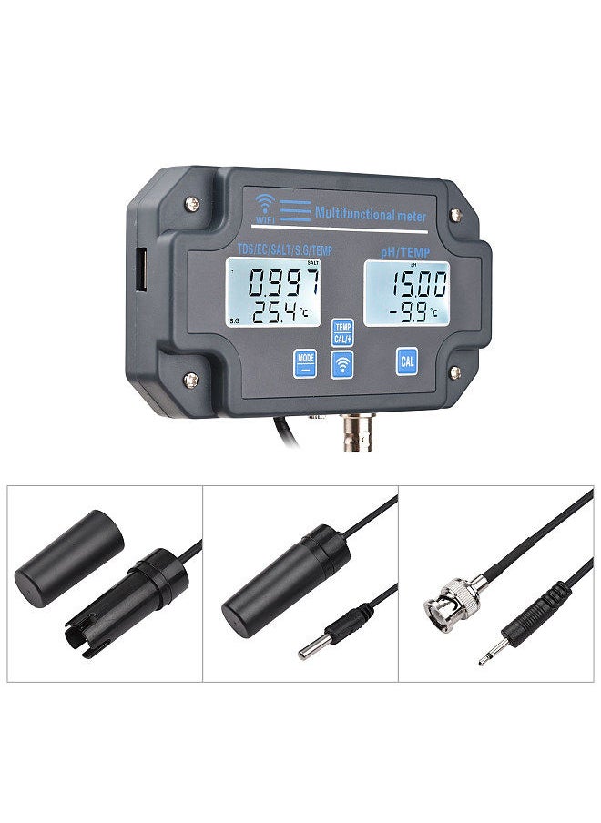 Generic - Wifi Digital Water Quality Tester Wall Mounted 6 in 1 Water Analyzer PH/ EC/ TDS/ SALT/ S.G/ Temperature APP Remote Monitoring Alarm Notification for Drinking Water Aquarium Hydroponics Lab - Image 1