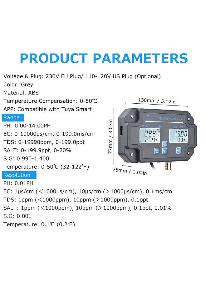 Generic - Wifi Digital Water Quality Tester Wall Mounted 6 in 1 Water Analyzer PH/ EC/ TDS/ SALT/ S.G/ Temperature APP Remote Monitoring Alarm Notification for Drinking Water Aquarium Hydroponics Lab - Image 1