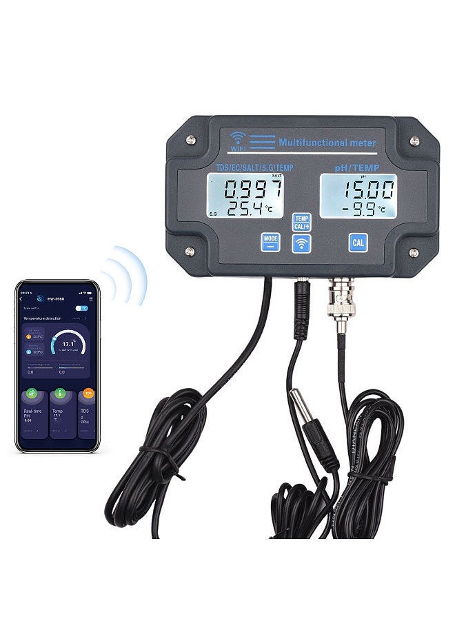 Generic - Wifi Digital Water Quality Tester Wall Mounted 6 in 1 Water Analyzer PH/ EC/ TDS/ SALT/ S.G/ Temperature APP Remote Monitoring Alarm Notification for Drinking Water Aquarium Hydroponics Lab - Image 1
