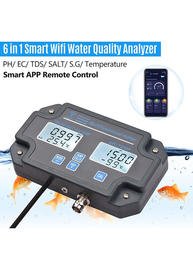 Generic - Wifi Digital Water Quality Tester Wall Mounted 6 in 1 Water Analyzer PH/ EC/ TDS/ SALT/ S.G/ Temperature APP Remote Monitoring Alarm Notification for Drinking Water Aquarium Hydroponics Lab - Image 1