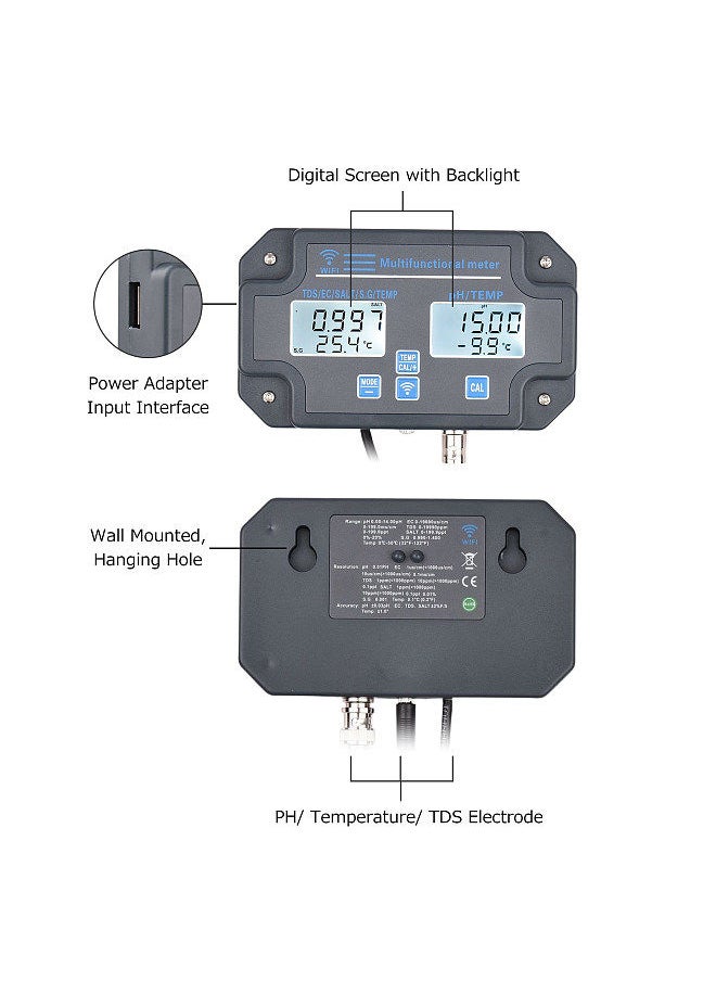 Generic - Wifi Digital Water Quality Tester Wall Mounted 6 in 1 Water Analyzer PH/ EC/ TDS/ SALT/ S.G/ Temperature APP Remote Monitoring Alarm Notification for Drinking Water Aquarium Hydroponics Lab - Image 1