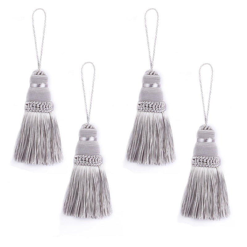 BEL AVENIR 4Pcs Tassels Key Tassel with Loops Handmade Craft Charms DIY Accessories Elegant Soft Making Curtain Home Decoration Silver 4 pcs