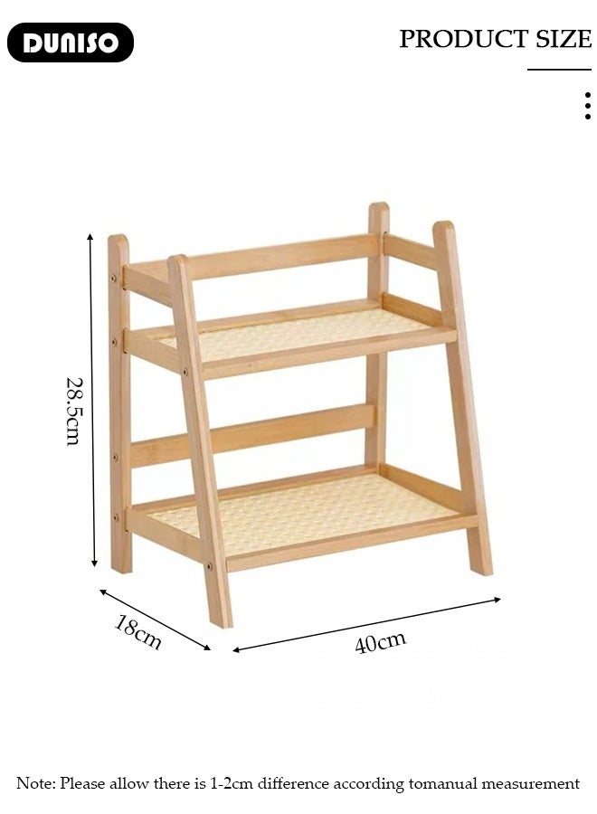 DUNISO Retro Bamboo Rattan Material Bamboo Rattan Desktop Organizer, Double Countertop Hutch Bookshelf, Stand Utility Storage Shelf, Shelf Flower Pot, Seasoning Storage Rack for Living Room, Bedroom, Office, Kitche - Image 2
