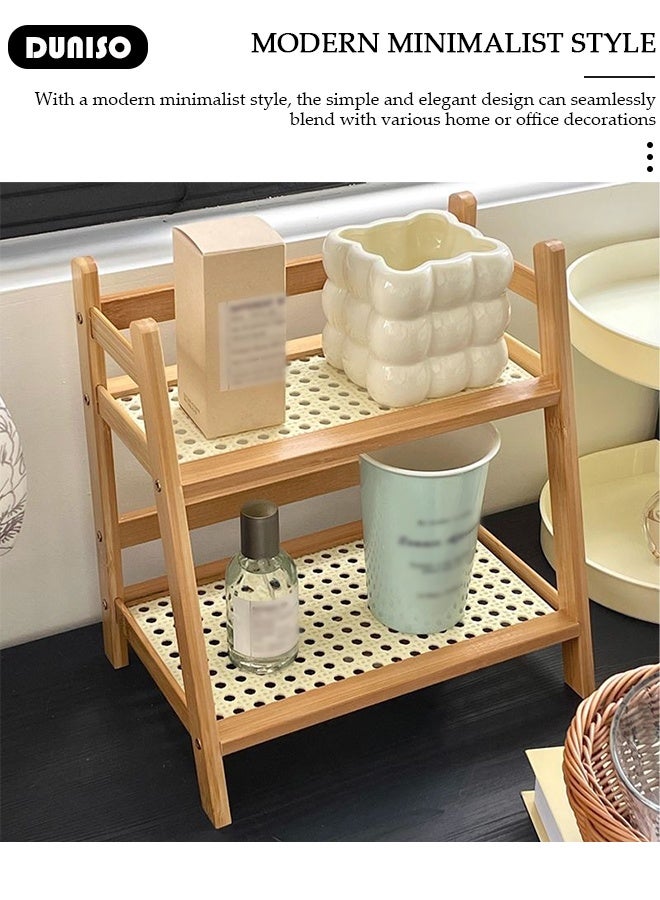 DUNISO Retro Bamboo Rattan Material Bamboo Rattan Desktop Organizer, Double Countertop Hutch Bookshelf, Stand Utility Storage Shelf, Shelf Flower Pot, Seasoning Storage Rack for Living Room, Bedroom, Office, Kitche - Image 5