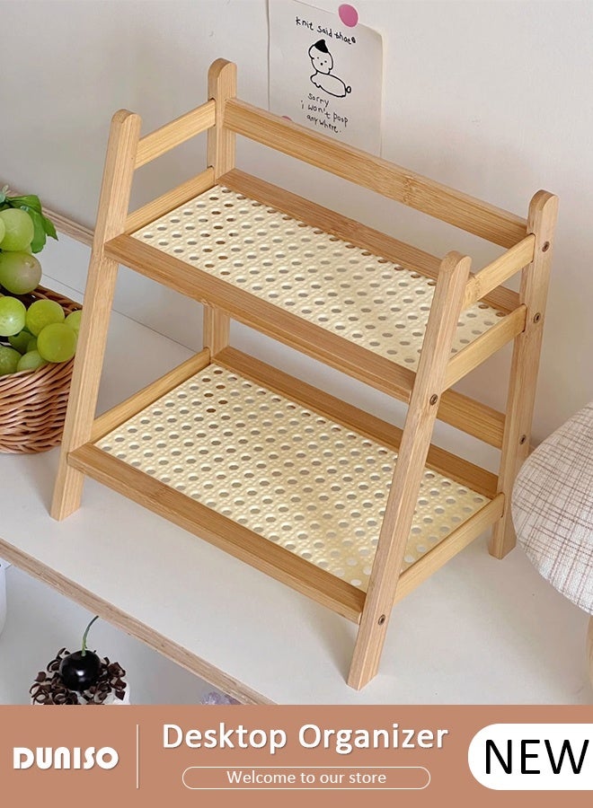 DUNISO Retro Bamboo Rattan Material Bamboo Rattan Desktop Organizer, Double Countertop Hutch Bookshelf, Stand Utility Storage Shelf, Shelf Flower Pot, Seasoning Storage Rack for Living Room, Bedroom, Office, Kitche - Image 1