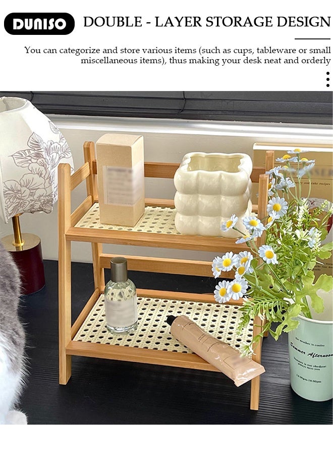 DUNISO Retro Bamboo Rattan Material Bamboo Rattan Desktop Organizer, Double Countertop Hutch Bookshelf, Stand Utility Storage Shelf, Shelf Flower Pot, Seasoning Storage Rack for Living Room, Bedroom, Office, Kitche - Image 3