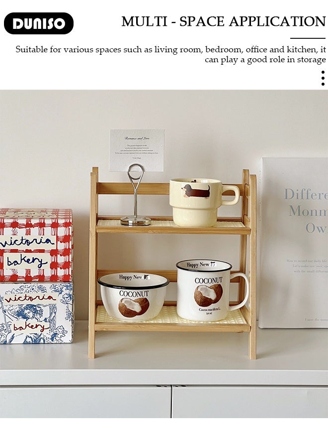 DUNISO Retro Bamboo Rattan Material Bamboo Rattan Desktop Organizer, Double Countertop Hutch Bookshelf, Stand Utility Storage Shelf, Shelf Flower Pot, Seasoning Storage Rack for Living Room, Bedroom, Office, Kitche - Image 4