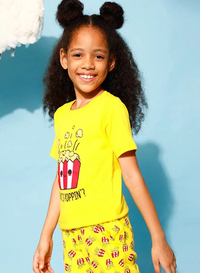 Clovia Cubs Popcorn Graphic Print T-Shirt & Pyjama Set by Styli