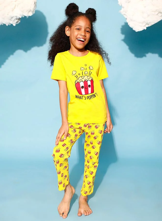 Clovia Cubs Popcorn Graphic Print T-Shirt & Pyjama Set by Styli