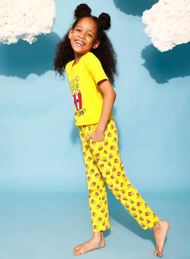 Clovia Cubs Popcorn Graphic Print T-Shirt & Pyjama Set by Styli