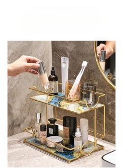 Modern Decorative Bathroom Tray for Counter Vanity Trays for Bathroom with Detachable Marble Glass Tray Countertop Storage Gold Shelf for Bathroom Supplies Exquisite Patterns