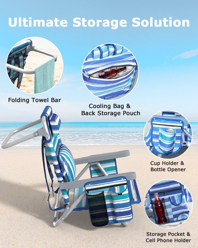 ZENPETIO Backpack Beach Chair Reclining with 5 Adjustable Positions, Built-in Cooler & Backpack Straps - Portable Folding Beach Chairs for Adults, for Camping, Pool, Travel (Sunset Sorbet) - Image 3