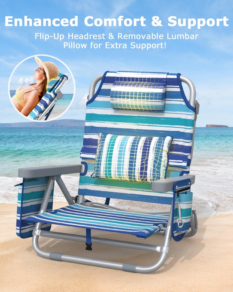 ZENPETIO Backpack Beach Chair Reclining with 5 Adjustable Positions, Built-in Cooler & Backpack Straps - Portable Folding Beach Chairs for Adults, for Camping, Pool, Travel (Sunset Sorbet) - Image 4
