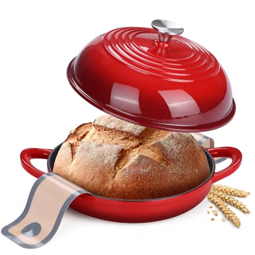 Leonyo Enamelled Cast Iron Dutch Oven Pot with Lid, Leonyo Dutch Oven for Sourdough Bread Baking, Cast Iron Bread Oven with Non Stick Silicone Baking Mat for Cooking, 6 Quart, Red - Image 1