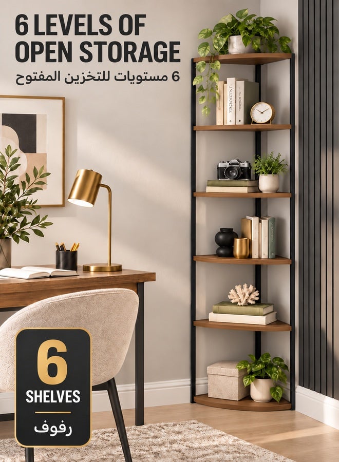 والالا رف زاوية طويل بستة طبقات - منظم تخزين قائم بذاته، رف كتب زاوية عصري وحامل عرض لغرفة المعيشة، غرفة النوم، المكتب المنزلي، المطبخ - تصميم سهل التركيب، بني، 30×30×152 سم - Image 3