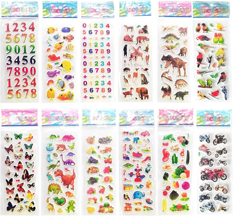 Oonkaf 3D Stickers for Kids & Toddlers Puffy Stickers 12pcs, Variety Pack for Scrapbooking Bullet Journal Including Animal, Numbers, Fruits, Fish, Dinosaurs, Cars and More(Style Random) - Image 2