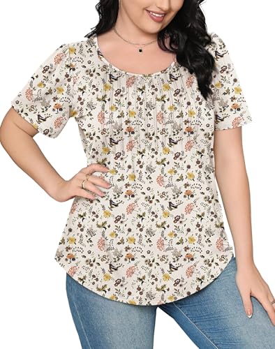 OFEEFAN Tshirts Shirts for Women Summer Blouses Short Sleeve Scooped Neck Cute Flower Tops Dressy Casual Beige 2XL - Image 4