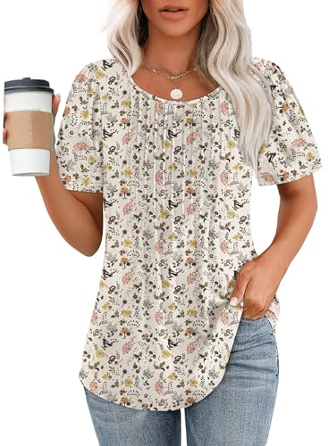 OFEEFAN Tshirts Shirts for Women Summer Blouses Short Sleeve Scooped Neck Cute Flower Tops Dressy Casual Beige 2XL - Image 1