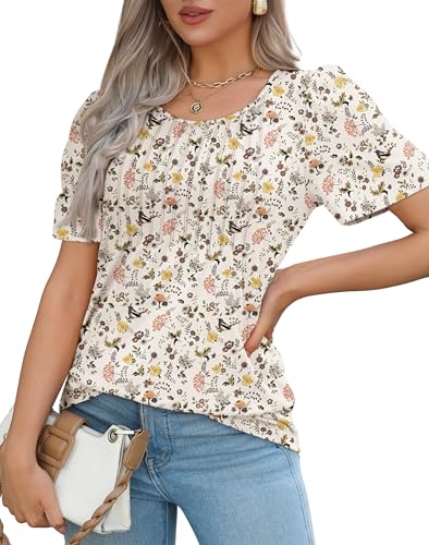 OFEEFAN Tshirts Shirts for Women Summer Blouses Short Sleeve Scooped Neck Cute Flower Tops Dressy Casual Beige 2XL - Image 3