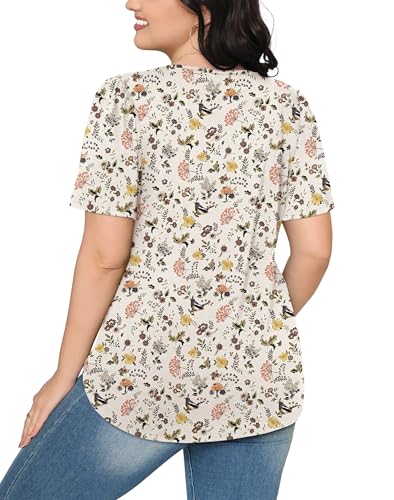OFEEFAN Tshirts Shirts for Women Summer Blouses Short Sleeve Scooped Neck Cute Flower Tops Dressy Casual Beige 2XL - Image 5