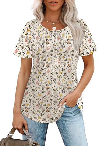 OFEEFAN Tshirts Shirts for Women Summer Blouses Short Sleeve Scooped Neck Cute Flower Tops Dressy Casual Beige 2XL - Image 2