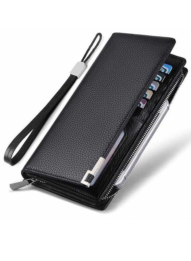 Men's Genuine Leather Long Wallet RFID Blocking Multiple Credit Cards Large Capacity Zipper Travel Clutch, Black, Casual  - Image 1