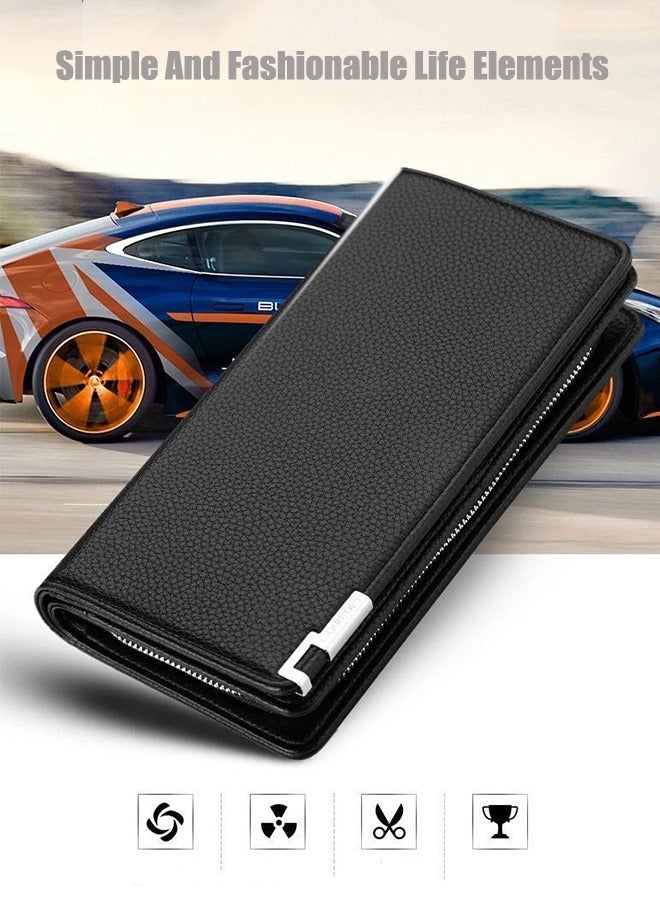 Men's Genuine Leather Long Wallet RFID Blocking Multiple Credit Cards Large Capacity Zipper Travel Clutch, Black, Casual  - Image 2