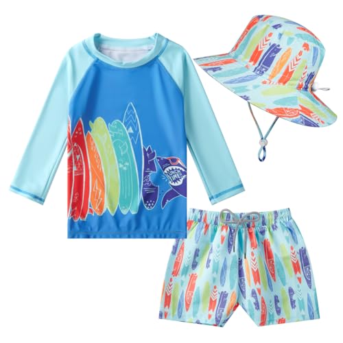 SWMSTUPF Toddlers Baby Boys' 3-Piece Rashguard Set Kids Bathing Suit Set with Hat UPF 50+(Surfing,9-18 Months) - Image 1