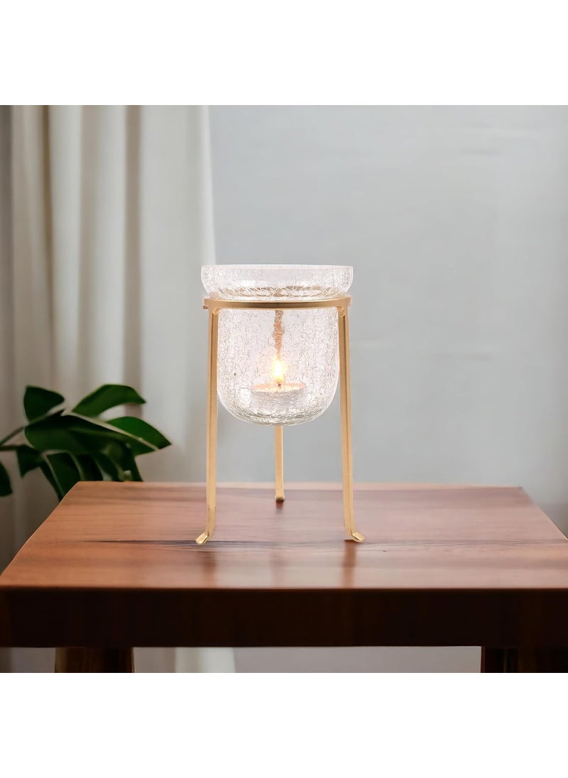 Hosley - HOSLEY Metal Crackle Glass Tealight Candle Holder|Votive Candle Holder for Home Decoration Tabletop Centerpiece| Decoration Items for Table Decor|with Pack of 4 Tealights |6 Inch High|Gold - Image 1