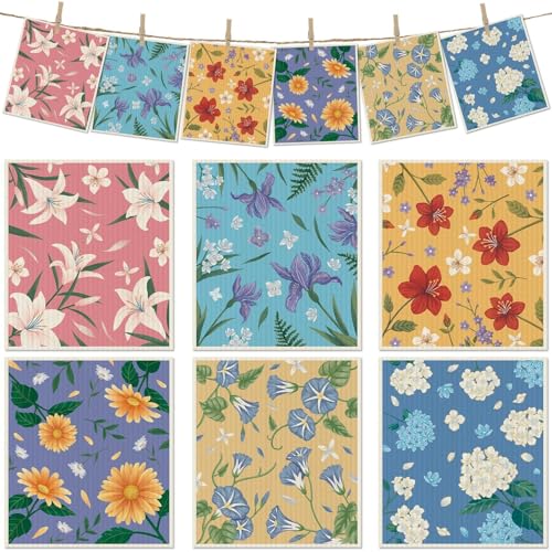 Revahope 6 Packs Swedish Paper Cloths for Kitchen, Reusable Paper Towels Washable Dish Rags, Highly Absorbent Kitchen Towels Quick Drying Swedish Sponge Cleaning Dish Cloths (Lily Floral) - Image 1