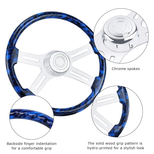 QYMOPAY 18" Solid Wood Hydro-Printed Truck Steering Wheel 4-Spoke Chrome Plated Aluminum Steering Wheel for Semi-Trailers,Trucks for Kenworth, Peterbilt, Volvo, Freightliner - Image 3