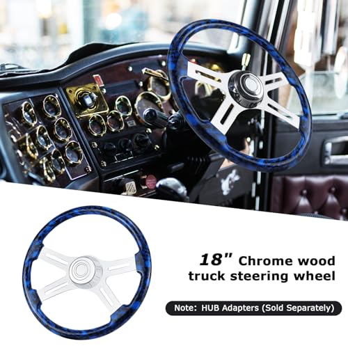 QYMOPAY 18" Solid Wood Hydro-Printed Truck Steering Wheel 4-Spoke Chrome Plated Aluminum Steering Wheel for Semi-Trailers,Trucks for Kenworth, Peterbilt, Volvo, Freightliner - Image 4