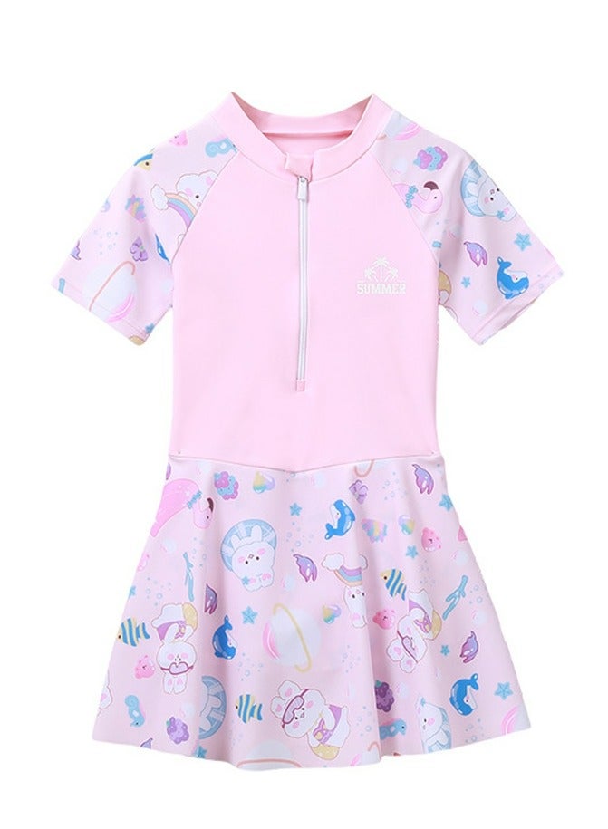 Loquat Girls One Piece Swim Dress Print Skirted Bathing Suit for Kids Girls Summer Swim Dress Short Sleeve Swimwear - Image 1