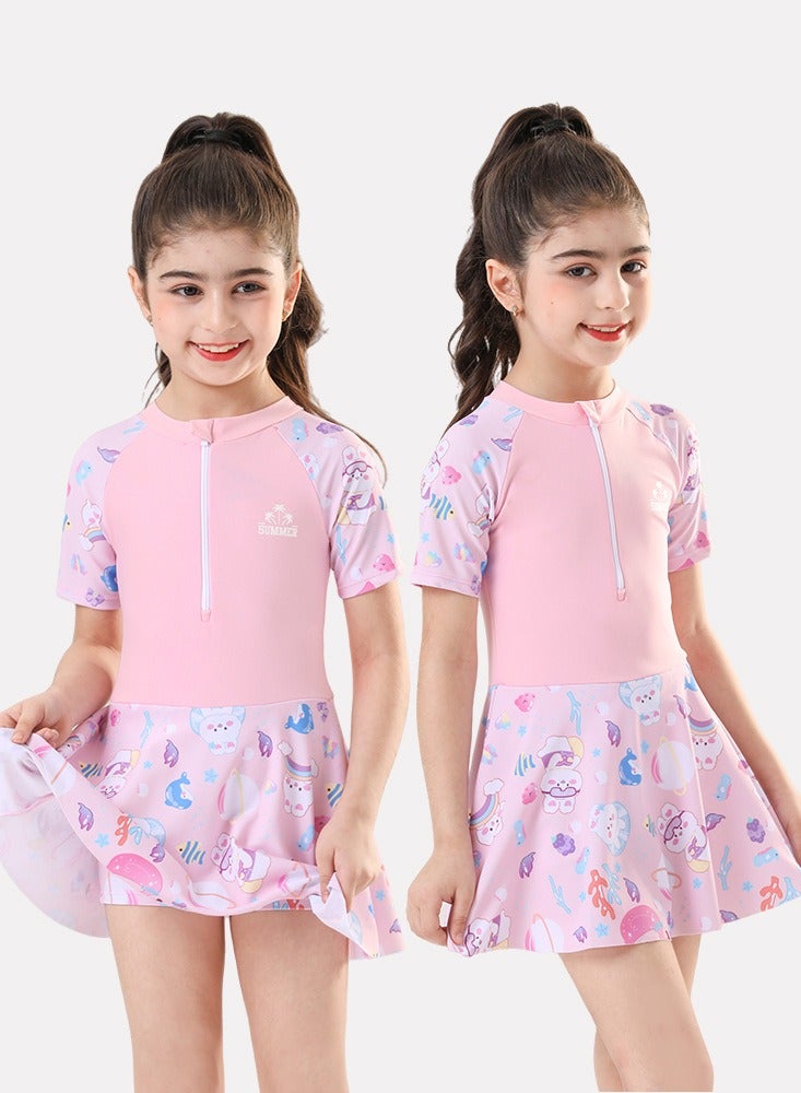 Loquat Girls One Piece Swim Dress Print Skirted Bathing Suit for Kids Girls Summer Swim Dress Short Sleeve Swimwear - Image 4