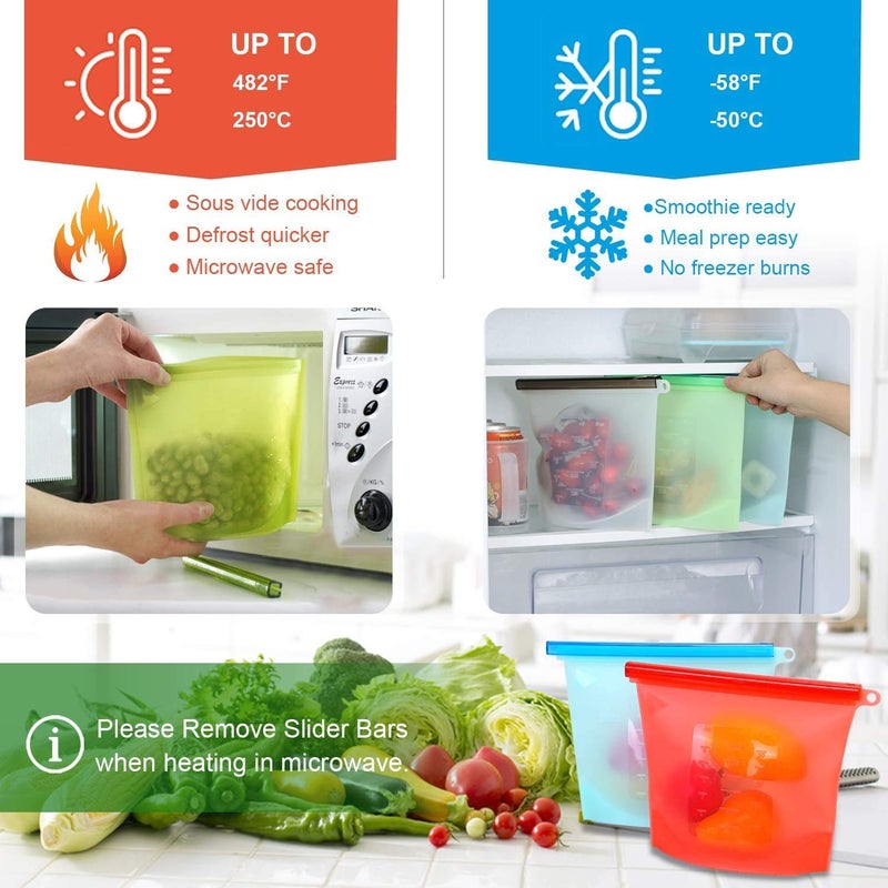 SHIELD PLUS Silicone Food Storage Bag ContainersAirtight Seal Leakproof Freezer Bags for Snack Sous Liquids FreshMicrowave Dishwasher Safe Dimension 85 in X 7 in X 2 in Pack of 4 Assorted Color  - Image 2
