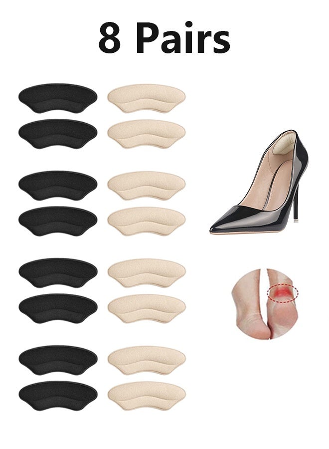 Heel Pads for Shoe That are Too Big, Inserts for Women, Heel Grips for Womens Mens, Protectors Cushion Liners for Blisters Loose Shoes, Comfort Fillers (8 Pairs Beige and Black) - Image 1