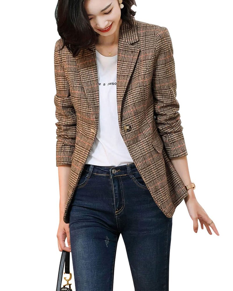 ebossy Women's Notch Lapel 2 Button Boyfriend Blazer Suit Houndstooth Plaid Jacket Coat (Small, X-Brown) - Image 3