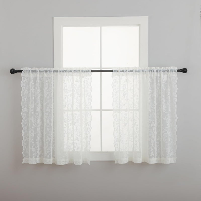 FINECITY Short Lace Curtains 36 Inch Length for Small Window, Rustic Leaf Floral Design Lace Cafe Curtains 2 Panels, Rod Pocket Privacy Sheer Lace Curtains, 42 x 36 Inch, 1 Pair, Ivory - Image 2
