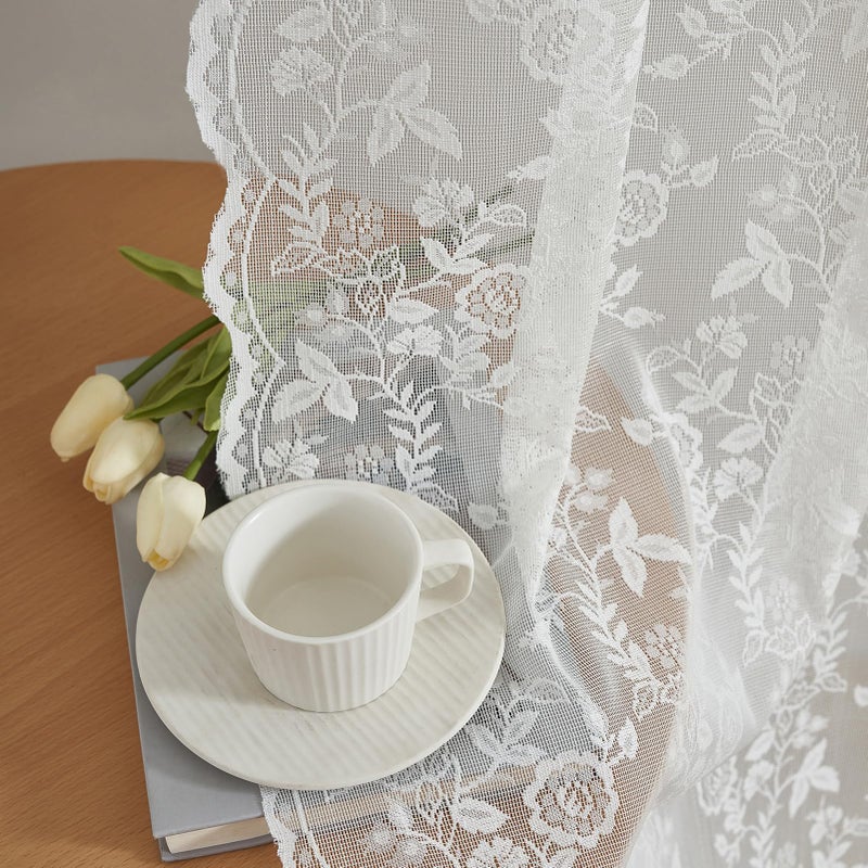 FINECITY Short Lace Curtains 36 Inch Length for Small Window, Rustic Leaf Floral Design Lace Cafe Curtains 2 Panels, Rod Pocket Privacy Sheer Lace Curtains, 42 x 36 Inch, 1 Pair, Ivory - Image 1