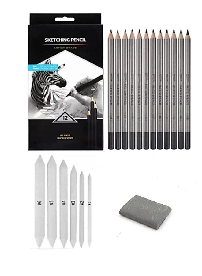 53 Arts 53ARTS Sketching/Shading Kit with Sketching Pencils (Set of 12)+ Paper Blenders/Paper Stump/Tortillons (Set of 6) + Kneadable/Kneaded Eraser (1) for Professionals and Beginners - Image 1