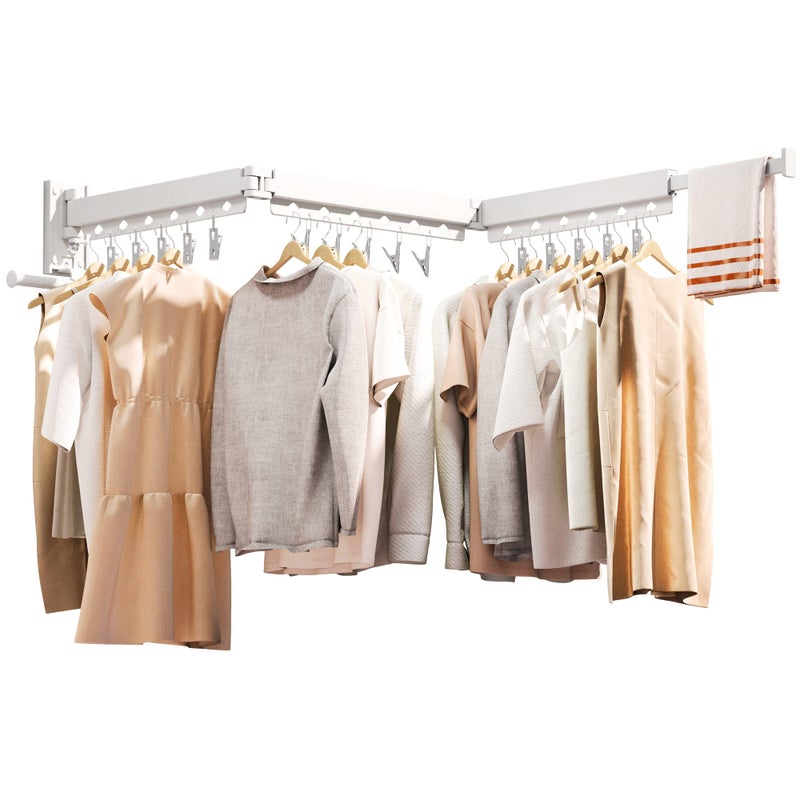 ZdwCyl Wall Mounted Clothes HangerClothes Drying RackLaundry Rack Wall MountDrying Rack ClothingClothes Rack RetractableCollapsibleTriFold with Windproof Holes  ClipsWhite Color