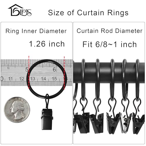 LLPJS 40 Pack Curtain Rings with Clips, Curtain Clip Rings Hooks, Bow Hanger Clips for Hanging Drapery Drapes Bows, Ring 1.26 inch Interior Diameter, Fits up to 1" Rod, Black - Image 3