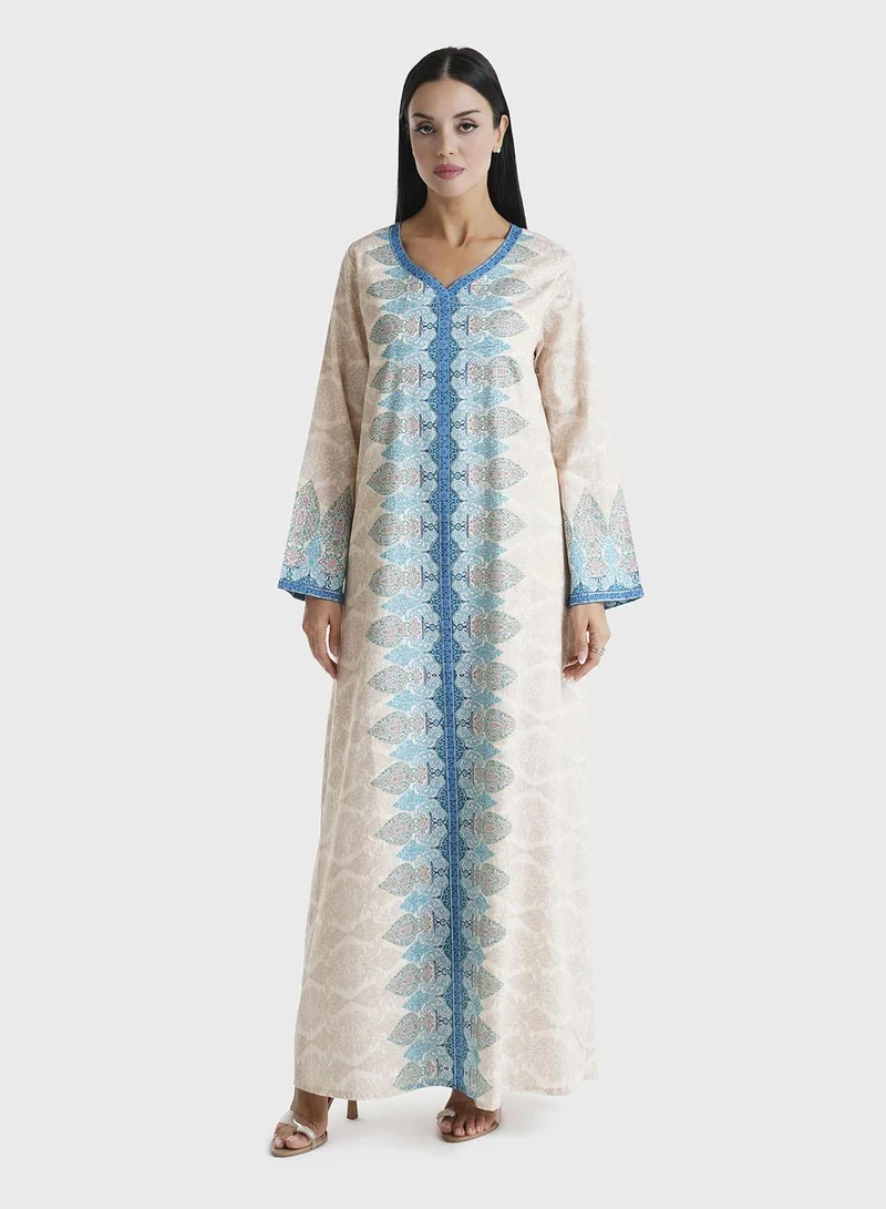 KASHKHA Light Peach Baroque Printed Cotton Satin Stone Work Jalabiya (VDU598)